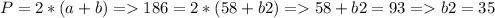 P=2*(a+b)=186=2*(58+b2)=58+b2=93=b2=35