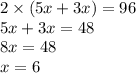 2 \times (5x + 3x) = 96 \\ 5x + 3x = 48 \\ 8x = 48 \\ x = 6