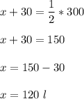 \displaystyle x+30=\frac{1}{2}*300\\ \\ x+30=150\\ \\ x=150-30\\ \\x=120\ l