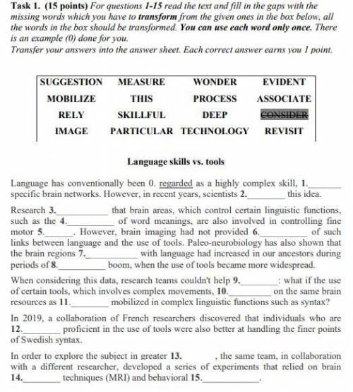 Task 1. (15 points) For questions 1-15 read the text and fill in the gaps with the missing words whi