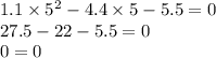 1.1 \times {5}^{2} - 4.4 \times 5 - 5.5 = 0 \\ 27.5 - 22 - 5.5 = 0 \\ 0 = 0