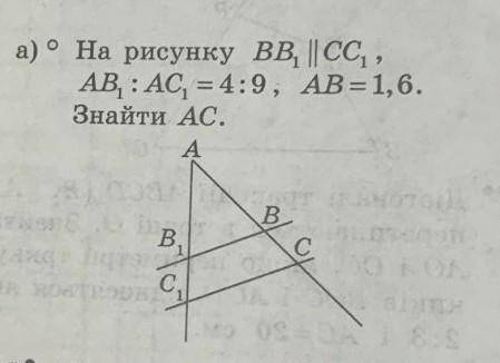 На рисунку ВВ1 || СС1, AB: AC = 4:9, AB=1,6. Знайти АС от