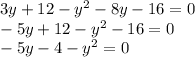 3y+12-y^2-8y-16=0\\-5y+12-y^2-16=0\\-5y-4-y^2=0