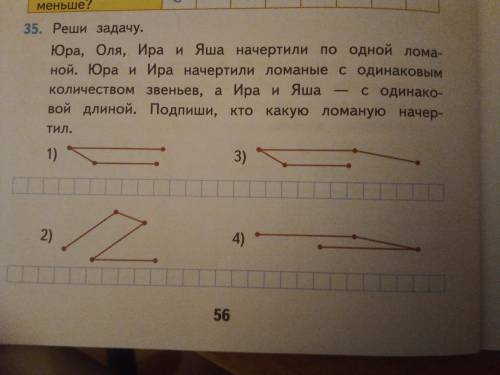 35.Реши задачу Юра, Оля,Ира и Яша начертили по одной ломаной.Юра и Ира начертили ломаные с одинаковы