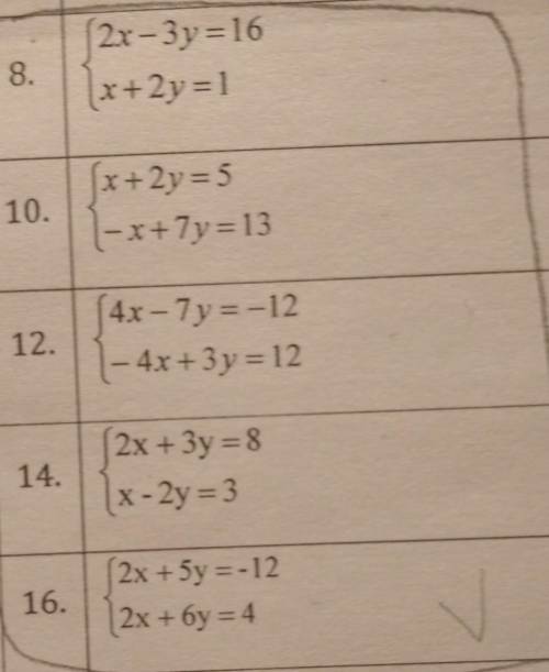 8. S2x-3y=16 2x+2y=1 10. (x+2y=5 |-x+ 7y=13 12. (4х- 7y=-12 |-4x+3y =12 - 14. (2x+3y=8 x-2y=3 X 16.