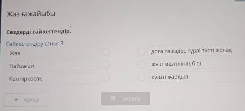 Жаз ғажайыбы Сөздерді сәйкестендір. Сәйкестендіру саны: 3 Жаз доға тәріздес түрлі түсті жолақ Найзағ