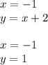 x = - 1 \\ y = x + 2 \\ \\ x = - 1 \\ y = 1