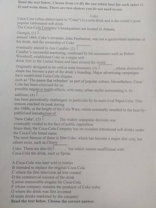 Read the text below. Choose from (A-H) the one which best fits each space (1- 6) and write them. The