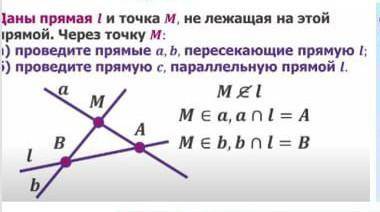 Даны прямая трчка L и точка М,Не лежащая на этой прямой.Через точку М: Провведите прямые a b.Пересек