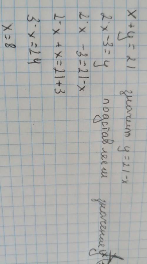 Решите задачу, составив уравнение (784-792). 784. Сумма двух чисел равна 21. Удвоенное первое число