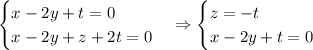 \begin{cases}x-2y+t=0\\x-2y+z+2t=0\end{cases} \Rightarrow \begin{cases}z=-t\\x-2y+t=0\end{cases}