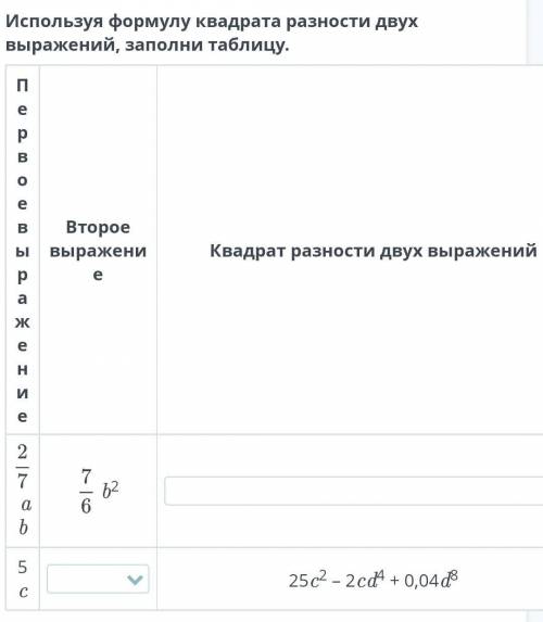 Используя формулу квадрата разности двух выражений, заполни таблицу.