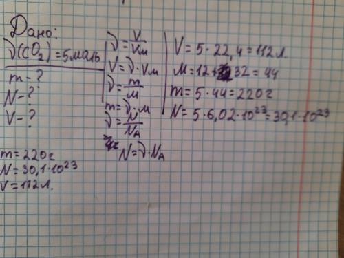 Дано: n(CO2)=5 моль m-? N-? V-?