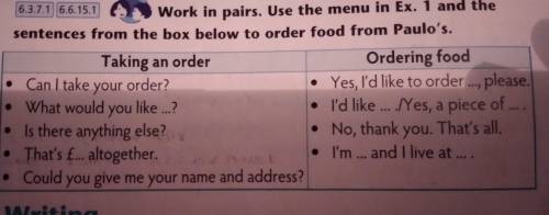 in pairs. Use the menu In Ex. 1 and the ntences from the box below to order food from Paulo's. Takin