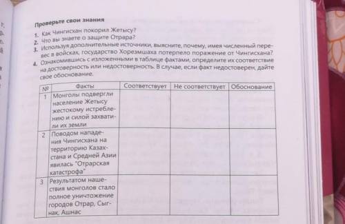 Проверьте свои знания N2 1. Как Чингисхан покорил Жетысу? 2. Что вы знаете о защите Отрара? 3. Испол