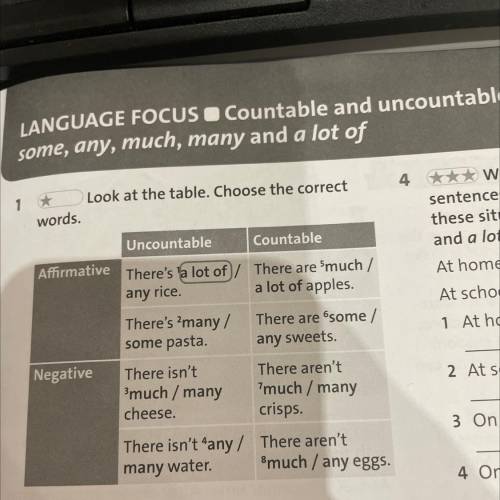 1 Look at the table. Choose the correct words. any rice Uncountable Countable Affirmative There's a