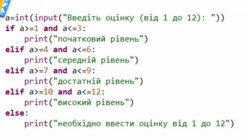 Складіть програму Оцінки, у якій у текстове поле виводиться опис досягнутого рівня на основі шкільно