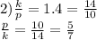 2) \frac{k}{p} = 1.4 = \frac{14}{10} \\ \frac{p}{k} = \frac{10}{14} = \frac{5}{7}