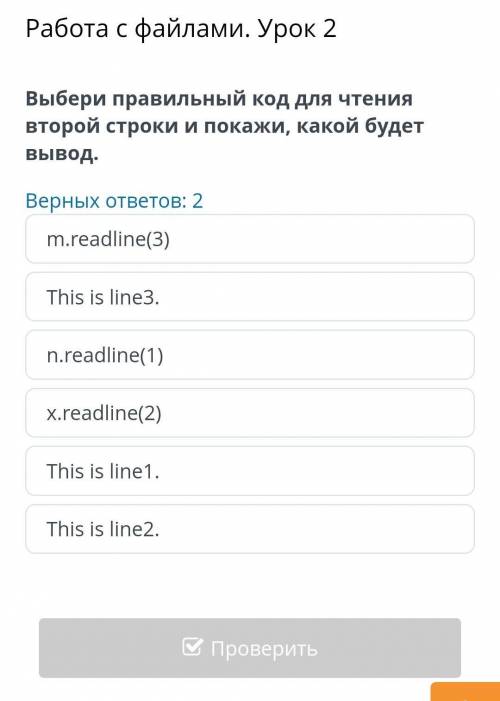 Выбери правильный код для чтения второй строки Покажи какой будет вывод