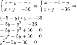 \displaystyle\left \{ {{x+y=-5} \atop {x*y=-36}} \right. \Leftrightarrow \left \{ {{x=-5-y} \atop {x*y=-36}} \right. \Rightarrow\\ \\(-5-y)*y=-36\\-5y-y^2=-36\\-5y-y^2+36=0\\-y^2-5y+36=0\\y^2+5y-36=0
