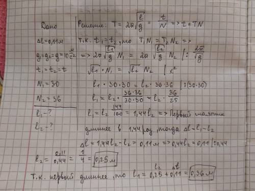 Два маятника, длины которых отличаются на 11 см, совершают колебания в одном и том же месте Земли. З