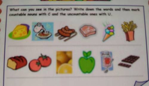 What can you see in the pictures? Write down the words and then mark countable nouns with C and the