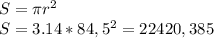 S=\pi r^{2} \\S= 3.14*84,5^{2} = 22420,385