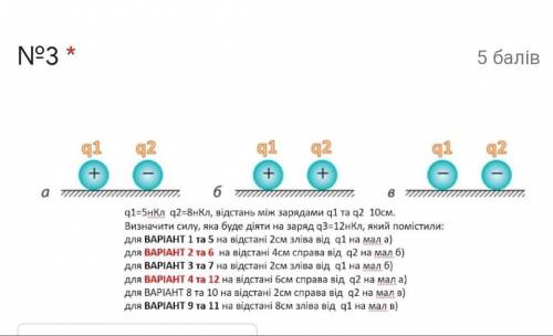 Q1 = 5нКл q2 =8нКл відстань між зарядами q1 та q2 10см визначити силу яка буде діяти на заряд q3 = 1