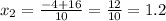 x_{2} = \frac{ - 4 + 16}{10} = \frac{12}{10} = 1.2