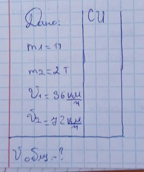 Даноm1= 2тm=2тV1= 36км/чV2= 72 км/чНайти VобщееПри этом перевести в си