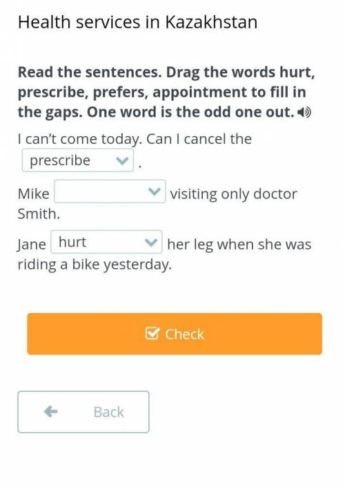 Health services in Kazakhstan Read the sentences. Drag the words hurt, prescribe, prefers, appointme