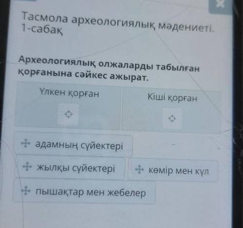 Археологиялық олжаларды табылған қорғанына сәйкес ажырат. Үлкен қорған Кiшi қорған + адамның сүйекте