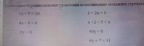 Сопоставьте равносильные уравнения и соотнесение покажите стрелками У МЕНЯ СОР 3x+5=20. 3+2x=34x-6=6