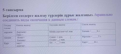 5-тапсырма Берілген сөздерге жалғау түрлерін дұрыс жалғаңыз. правильно соединить виды окончания к да