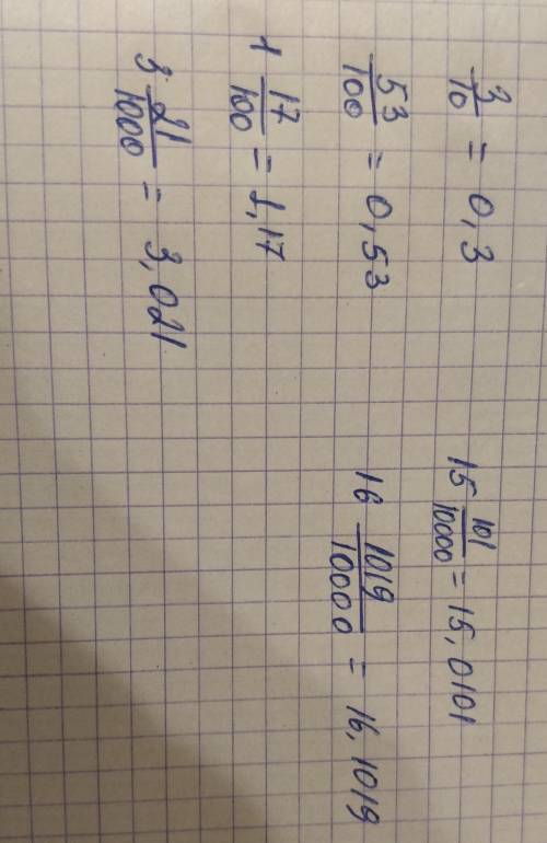 Запишите числа в виде десятичной дроби 3/10,53/100,1 17/100,3 21/1000,15 101/10000,16 1019/10000