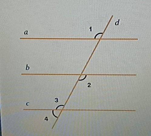Прямая а параллельна прямой b, прямая b параллельна прямой с. Прямая d — секущая к прямым а и b. Уго