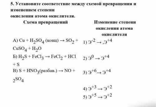 Установите соответствие между схемой превращения и изменением степени окисления атома окислителя