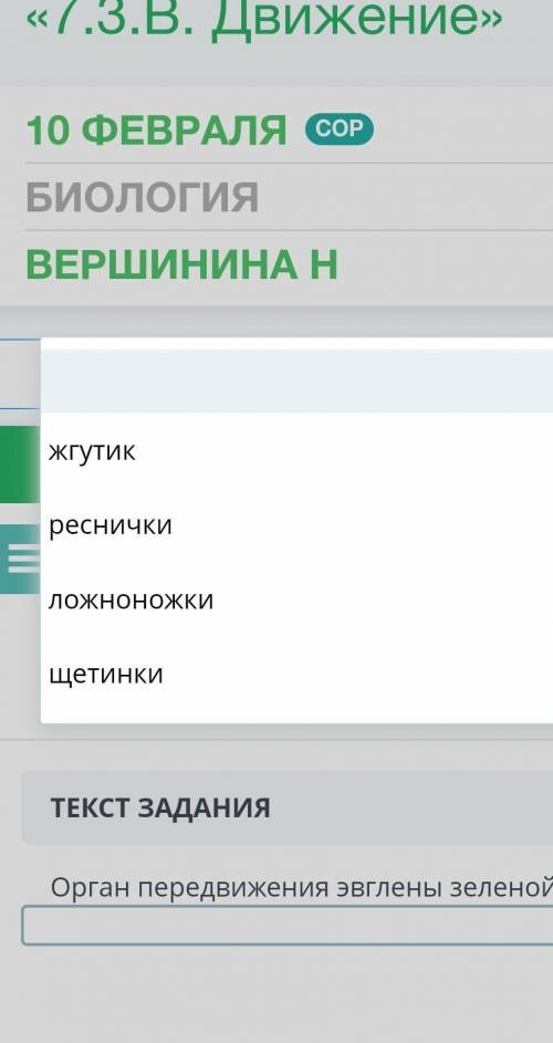 ЗАДАНИЕ №5 ВРЕМЯ НА ВЫПОЛНЕНИЕ:00:46ТЕКСТ ЗАДАНИЯОрган передвижения эвглены зеленой - этоНазадВперед