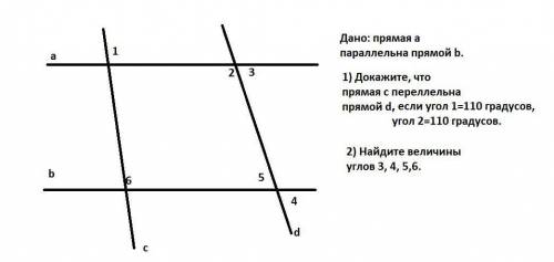 Дано: прямая А параллельна прямой b 1) Докажите что c || d , если угол 1 = 110° , угол 2 =110°2) Най