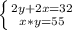 \left \{ {{2y+2x=32} \atop {x*y =55}} \right.