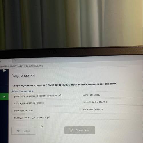 Виды энергии Из приведенных примеров выбери примеры проявления химической энергии. Верных ответов: 4