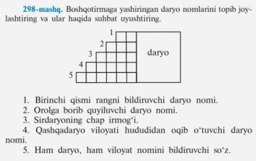 1. Birinchi qismi rangni bildiruvchi daryo nomi. 2. Orolga borib quyiluvchi daryo nomi. 3. Sirdaryon