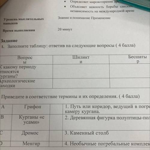 1. Заполните таблицу: ответив на следующие вопросы ( ) Вопрос Шиликт Бесшаты р Ы и К какому периоду 