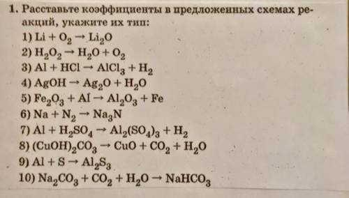 Расставьте коэффициенты в предложенных схемах реакций, укажите их тип