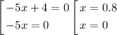 \left[\begin{gathered}-5x+4=0\\-5x=0 \hfill\end{gathered}\left[\begin{gathered}x=0.8\\x=0 \hfill\end{gathered}