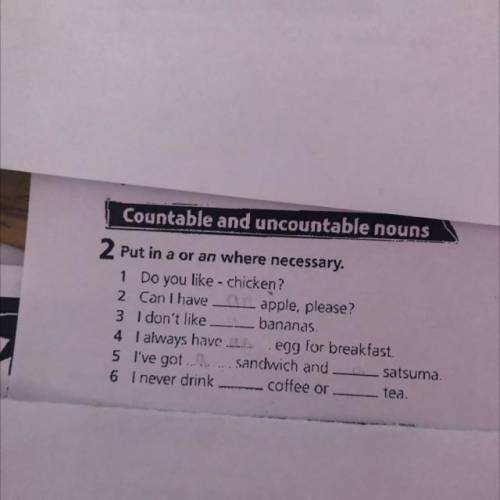 2 Put in a or an where necessary. 1 Do you like - chicken? 2 Can I have apple, please? 3 I don't lik