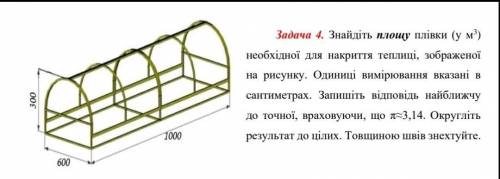 4. Знайдіть площу плівки (у м3) необхiдноï для накриття теплиці, зображеноï на рисунку. Одиниці вимі