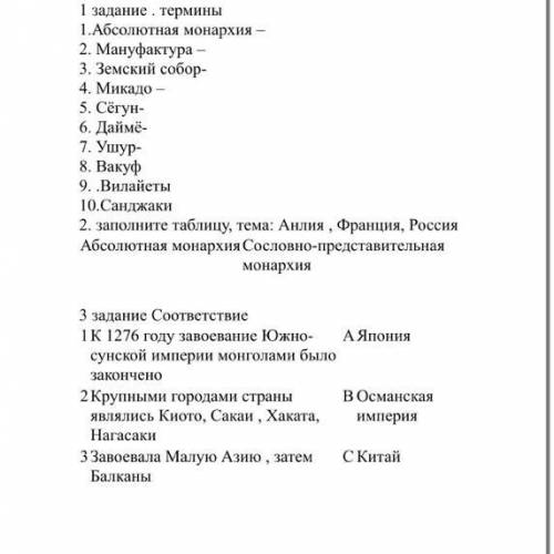 Задание . термины 1.Абсолютная монархия – 2. Мануфактура – 3. Земский собор- 4. Микадо – 5. Сёгун- 6