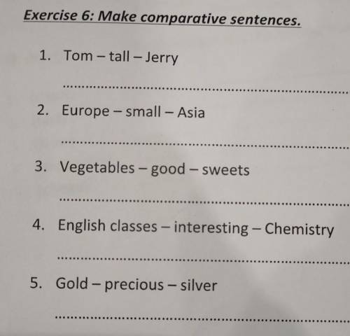 Make comparative sentences. 1. Tom - tall - Jerry2. Europe - small - Asia3. Vegetables - good - swee