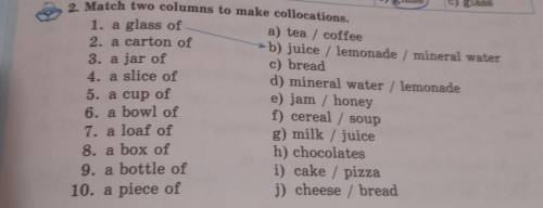 2. Match two columns to make collocations. 1. a glass of a) tea / coffee 2. a carton of b) juice / l